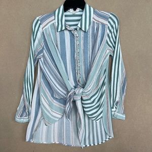 ODDY Tie-Front Multiple Pattern Blouse High Low Hem Size M